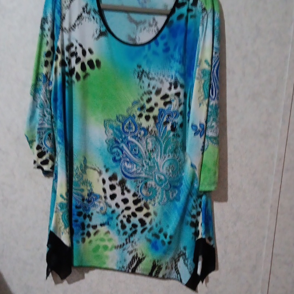 Vibrant Blue and Green 3/4 Sleeve Graphic Tunic